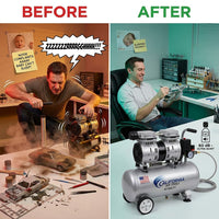 Ultra Quiet and Oil-Free 1.0 HP 8.0 Gal. 120 PSI Electric Aluminum Tank Air Compressor — Before & After
