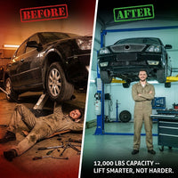 12,000 Lbs Two-Post Car Lift with 220V 4HP Motor & Single-Point Lock – Ideal for Shops, Garages & Heavy-Duty Vehicle Maintenance — Before & After